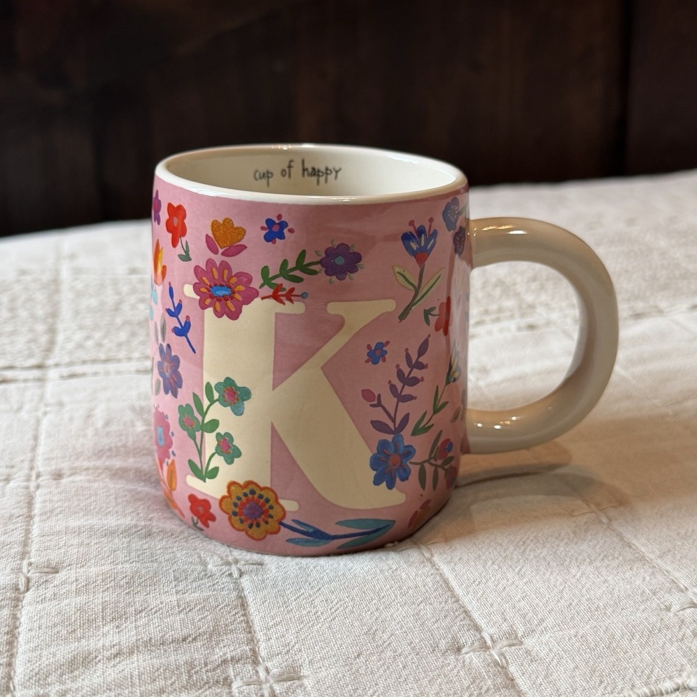 Natural Life Floral 10 oz Mug Cup monogram "K" Cup Of Happy" Initial Letter